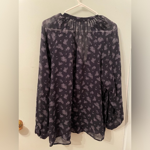 VINCE Calico Silk Floral Pleat V Neck Balloon Long Sleeve Coastal Blue Blouse M - Picture 13 of 13